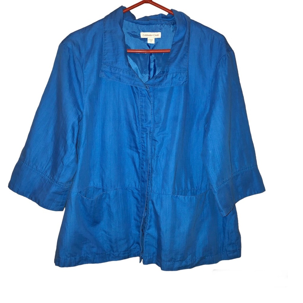 Coldwater Creek Linen Blend Snap Button Blazer 3/4 Sleeve Jacket Blue 14